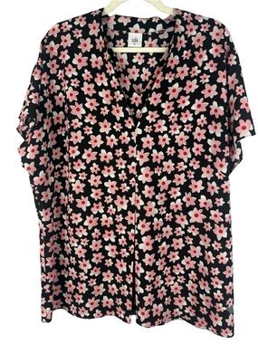 Cabi Harmony Blouse Black Pink Starflower Floral V-Neck Short Sleeve Blouse XL